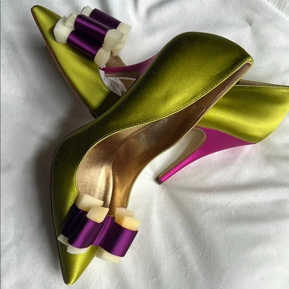 Kate Spade Latrice Satin Lime Green/Royal Purple Bow Pumps - Picture 8 of 9